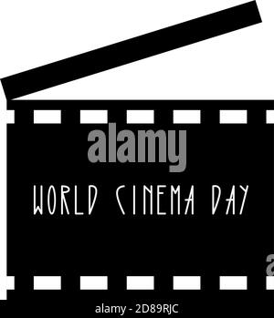 World cinema day. Opened movie film clap board and text. Design template of clapperboard, slapstick, filmmaking device. Front view. Isolated vector il Stock Vector