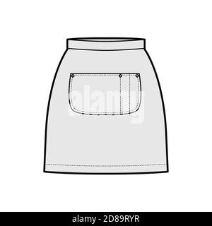 Skirt apron technical fashion illustration with mini silhouette, pencil fullness, big center pocket. Flat bottom template front, grey color style. Women, men, unisex CAD mockup Stock Vector