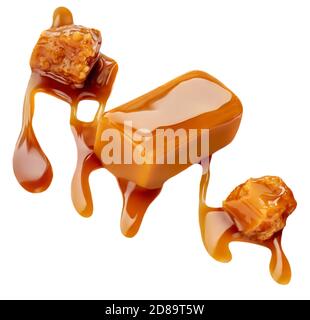 Delicious Candies With Caramel Sauce On White Background Stock Photo 