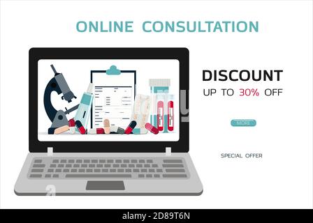 Medical poster with medicines, test tubes and a thermometer. Advertising online pharmacies or remote medical consultations for adults and children. Medical checkup and blood test results for the virus. Home delivery of medicines. Sending the analysis results to your email. Discounts on medical products Stock Vector