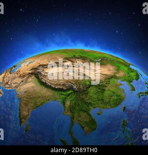 Surface of Planet Earth viewed from a satellite, focused on East Asia. Physical map of China and Mongolia. Elements furnished by NASA Stock Photo