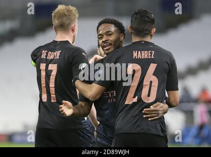 Kevin de Bruyne of Manchester City celebrates his goal with Raheem Sterling (center), Riyad Mahrez during the UEFA Champions League, Group Stage, Gr C Stock Photo