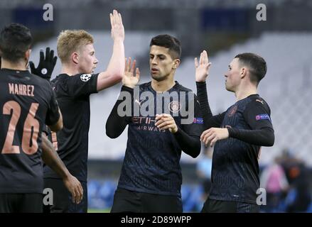 Kevin de Bruyne of Manchester City celebrates his goal with Joao Cancelo, Phil Foden during the UEFA Champions League, Group Stage, Group C football C