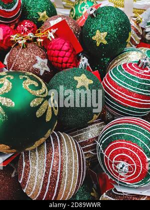Full frame of various Christmas tree decorations background. Christmas ball pattern texture Stock Photo