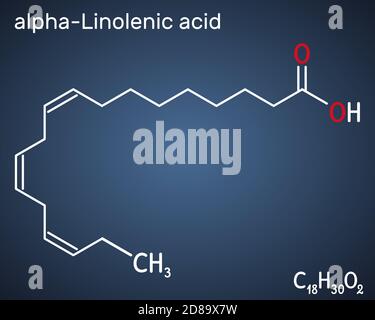 Alpha-linolenic acid, ALA molecule. Carboxylic, polyunsaturated omega-3 fatty acid. Component of many common vegetable oils. Dark blue background. Vec Stock Vector