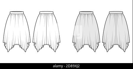 Skirt handkerchief technical fashion illustration with circular knee silhouette, pencil fullness, thin waistband. Flat bottom template front, back white grey color style. Women, men, unisex CAD mockup Stock Vector