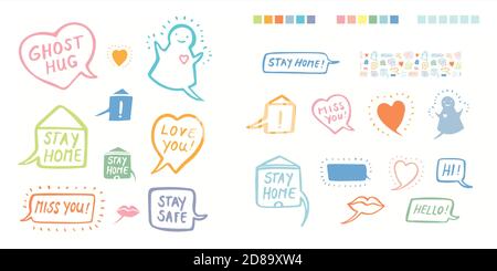 Vector social distancing comic style doodle icon set, greeting card, hand lettering, cartoon style. Cute doodle line art style. Hand written modern brush lettering white background isolated vector element Stock Vector