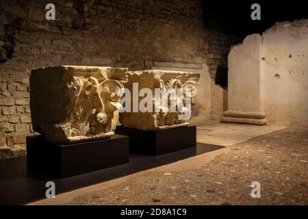 Brescia, Italy - 26 June 2019: decorations of the ruins of the Capitolum of Brixia, a temple dedicated to the Capitoline Triad -Jupiter, Juno and Mine Stock Photo