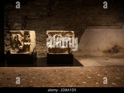 Brescia, Italy - 26 June 2019: decorations of the ruins of the Capitolum of Brixia, a temple dedicated to the Capitoline Triad -Jupiter, Juno and Mine Stock Photo