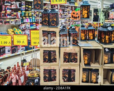 Halloween supermarket products on shelf. Festive decorations including pumpkin mock-ups, on display for sale inside shop gallery in Thessaloniki, Greece. Stock Photo