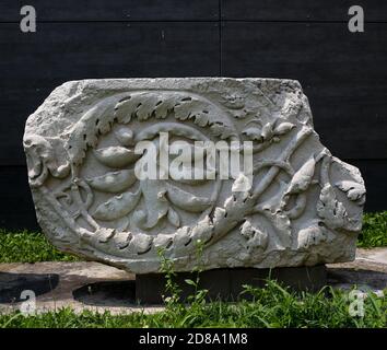 Brescia, Italy - 26 June 2019: decorations of the ruins of the Capitolum of Brixia, a temple dedicated to the Capitoline Triad -Jupiter, Juno and Mine Stock Photo