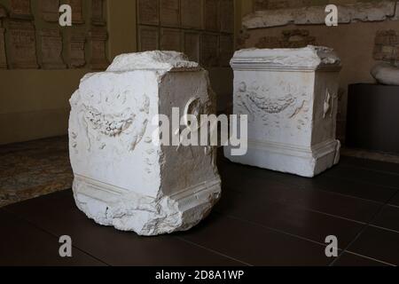 Brescia, Italy - 26 June 2019: decorations of the ruins of the Capitolum of Brixia, a temple dedicated to the Capitoline Triad -Jupiter, Juno and Mine Stock Photo