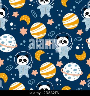 Sleeping panda cosmonaut and space elements: stars, moon, planets and space debris childish seamless pattern vector illustration in Scandinavian style Stock Vector