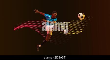 High jumping. Male soccer, football player training in action, kicking in jump isolated on dark lined background in neon light. Concept of motion, action. Neoned modern artwork, cover, flyer designed. Stock Photo