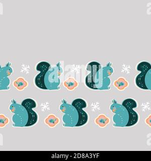 Vector geometric stylized winter squirrel kawaii border. Seamless cute scandinavian style seamless pattern with squirrel and berry on neutral grey background. Perfect for fabric, nursery and home decor. Stock Vector