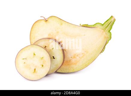 Eggplant isolated on white background. Fresh sliced eggplant or aubergine vegetable. Stock Photo