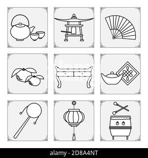 Symbols of the Chinese New Year 2021 Vector illustration Chinese lantern, bell, fan, teapot and cups, table, ingot, drum, tangerines, rattle. Holiday Stock Vector