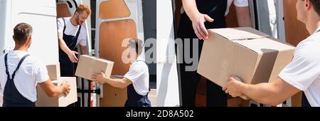 Collage of movers unloading carton boxes from truck on urban street Stock Photo