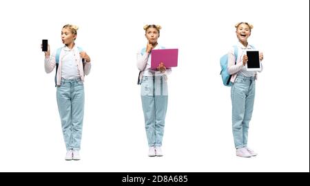 Collage of schoolgirl holding digital devices with blank screens on white background Stock Photo