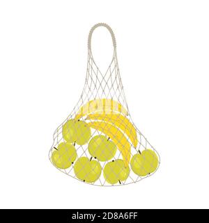 Apples and bananas in a string bag. Shopping bag with fruits. Food Delivery Concept. Vector illustration on a white background Stock Vector