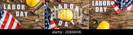 collage of tools, safety helmets and american flags near labor day lettering on wooden surface Stock Photo