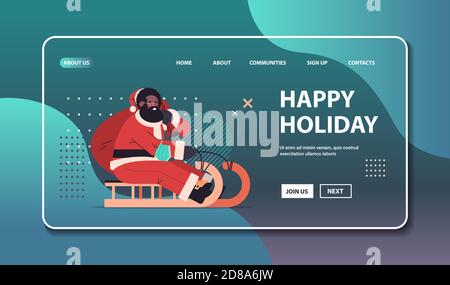 african american santa in protective mask riding sledge happy new year merry christmas holidays celebration concept horizontal copy space vector illustration Stock Vector