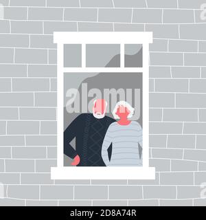 Couple of elderly people are standing at the open window. An old woman and an old man are looking out the window from their apartment Stock Vector