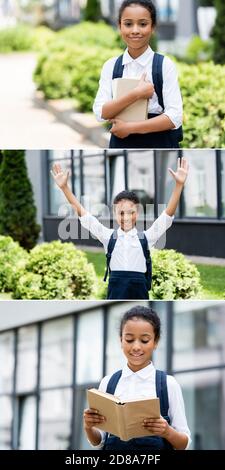 collage of smiling african american schoolgirl with backpack and book outdoors Stock Photo