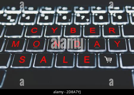 Close-up view on conceptual keyboard - cyber Monday. Red letters on black keyboard. The season of sales. Online shopping online Stock Photo