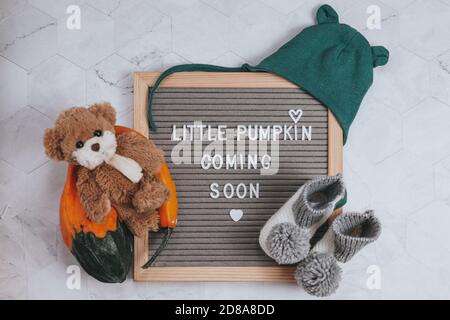 Little pumpkin coming soon sign. Baby announcement sign. Coming soon concept.  Autumn pregnancy. Stock Photo