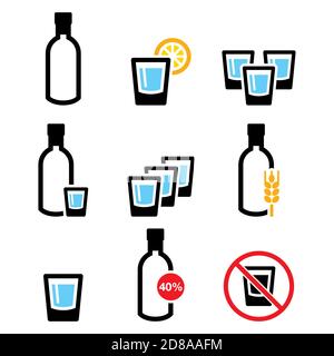 Vodka shot and bottle, strong alcohol vector icon set - pub, no drinking warning sign, addiction concept Stock Vector