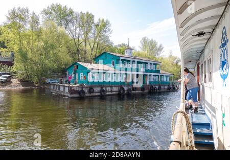 Samara, Russia - May 11, 2019: Pleasure motor ship moors to the pier on the banks of the Volga River in Samara Stock Photo