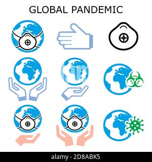 Global pandemic vector color icons set, protecting the world from spreading a virus, globe in epidemic danger concept Stock Vector