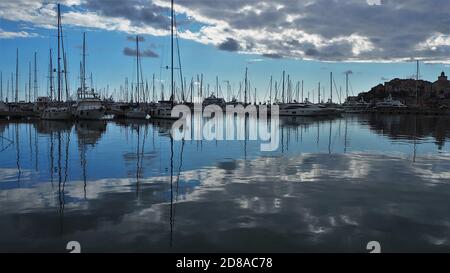 Moored boats in harbor, Imperia Porto Maurizio, Liguria, Italy Stock Photo