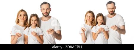collage of smiling family in white t-shirts using smartphones isolated on white, panoramic shot Stock Photo