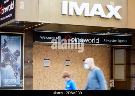London, UK. - 28 Oct 2020: The boarded-up front of the Cineworld cinema in Leicester Square which has been forced to close due to the lack of new films to show during the coronavirus pandemic. Stock Photo