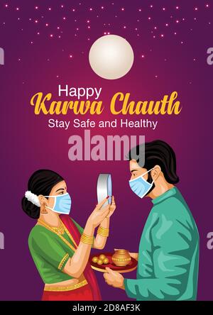 illustration of Indian Hindu Festival happy Karva Chauth background with couple doing Karwa Chauth. covid 19, corona virus concept Stock Vector