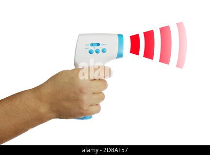 Thermometer Gun Side View Medical Digital Non-Contact Infrared Sight Handheld Forehead Readings. Temperature Measurement Device Isolated on white back Stock Photo