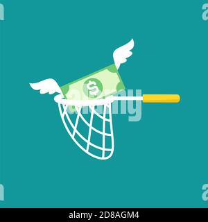 Butterfly net with flying dollar banknotes Catch, hunt, chase money symbol. Achieve goals, financial success, business income concept. Vector illustra Stock Vector