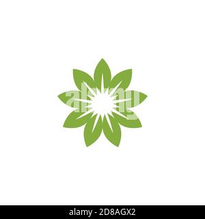 Green flat icon of sunflower with 9 sharp petals. Isolated on white. Vector simple illustration. Eco style. Nature flower symbol. Stock Vector