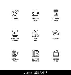 Vector set of design elements, logo design template, icons and badges for coffee and tea. Line icon set, editable stroke. Stock Vector