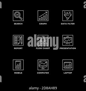 Vector set of design elements, logo design template, icons and badges for data analysis. Line icon set, editable stroke. Stock Vector