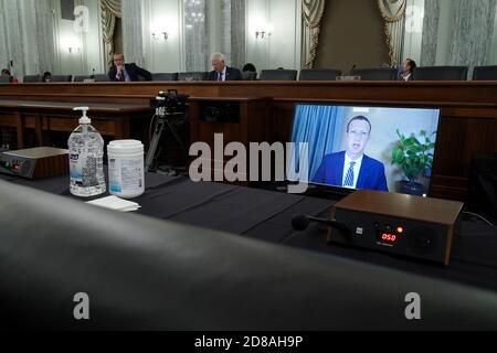 Washington, United States. 28th Oct, 2020. Facebook CEO Mark Zuckerberg testifies remotely at a hearing to discuss reforming Section 230 of the Communications Decency Act with big tech companies on Wednesday, October 28, in Washington, DC. Pool Photo by Greg Nash/UPI Credit: UPI/Alamy Live News Stock Photo
