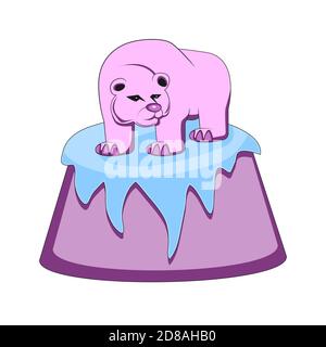 A pink cartoon bear stands on a mountain on a white isolated background. Vector image Stock Vector