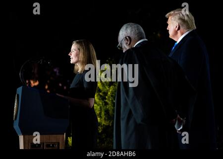 U.S. Supreme Court Associate Justice Amy Coney Barrett delivers remarks Monday, Oct. 26, 2020, during her swearing-in ceremony on the South Lawn of the White House. (USA) Stock Photo