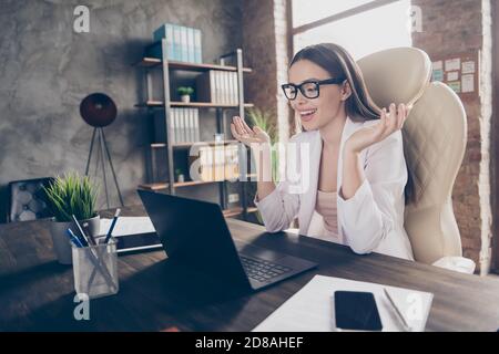 Photo of beauty business lady browsing notebook table freelancer remote work watch webinar staff study conversation good mood talking partners home Stock Photo