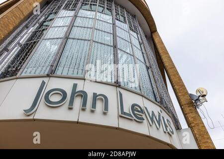 The name of John Lewis above the entrance to its flagship department store in the Greater London Royal Borough of Kingston upon Thames, SE England Stock Photo