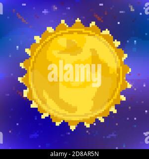 Glossy sun, yellow star in pixel art style on space background Stock Vector