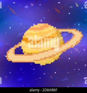 Bright Saturn, cute planet in pixel art style on space background Stock Vector