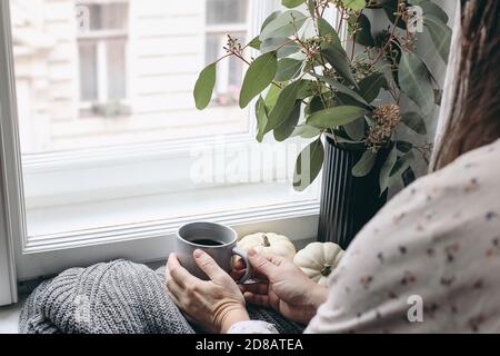 Woman at window holding cup of coffee. Eucalyptus branches, grey sweater and white pumpkins on window sill. Autumn relaxation concept. Cozy home Stock Photo